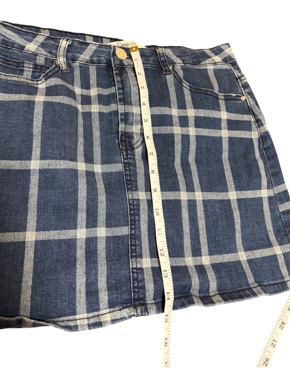 Indigo Rein Blue and Cream Plaid Denim Mini Skirt - Picture 3 of 7